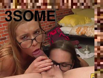 Sexy hungry geeky girls tag team a big hard cock in hostel.
