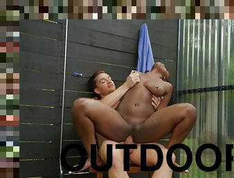 Sex frenzy comes to interracial lovers in the outdoor shower