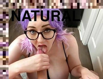 Nerdy Chick with Big Natural Tits Sucks one-eyed snake until Face Full of Cumshot