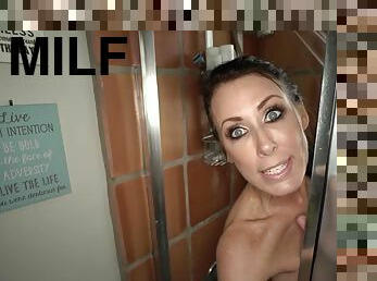 Tiny Bathroom with Hot MILF Reagan Foxx - big fake tits in shower