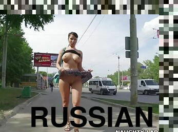 Naughty Russian Slut Lada - Upskirt flashing - Big tits outdoors on public