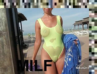 MILF exhibitionist - See through When Wet Bikini Swimsuit - Big natural tits