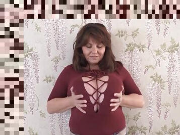 Mature brunette with big natural tits in lace up top - Fetish solo