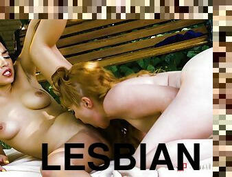 Wonderful lesbian couple is having affairs outside in the yard