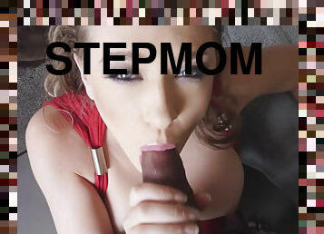 My full-bosomed stepmom stops working to sucking my big dick