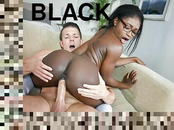 Perky black spinner rides hard white cock