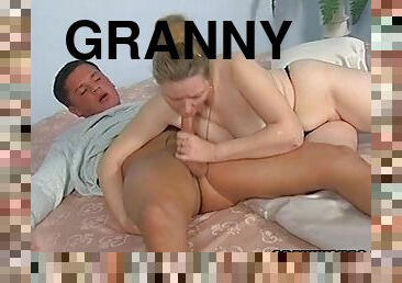 Granny seduces an 18 year old boy and gets a lot of young cum in her mouth