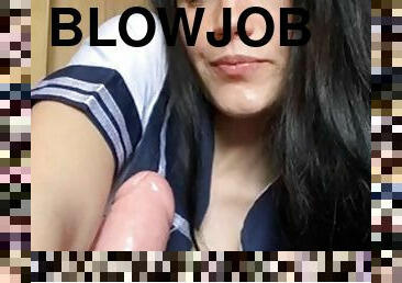 Pretty teen blowjob with dildo