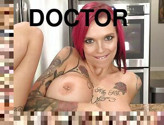 Kinky doctor Anna Bell Peaks uses anal plug toy on kitchen table top - uniform, anal toys