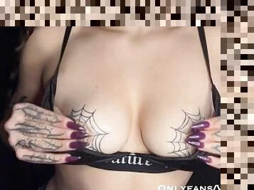 Tattooed teen fucks herself with huge dildo and anal plug - Preview