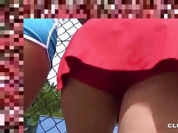 Four horny teens came to a tennis court to have a lusty fuck
