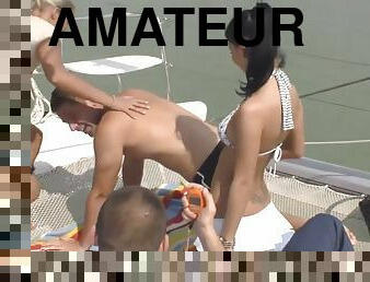 Amateur babes in group sucking dick on a boat