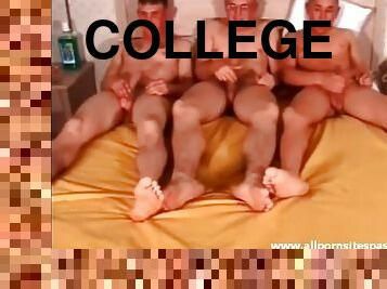 Three college nerds jerk off in bed