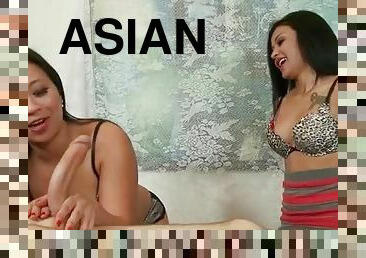 Asian mom and cute teen suck his dick