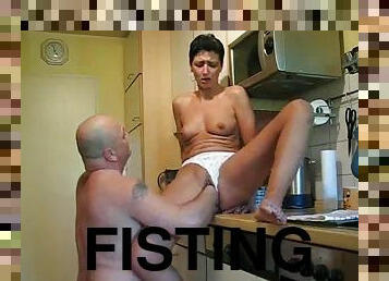 Fisting my wifes huge pussy in the kitchen