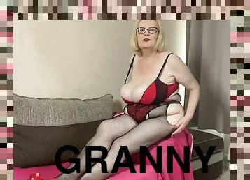 Old granny in skimpy bra, panties and fishnet stockings