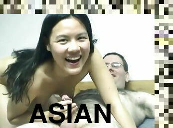 Young asian colette rides a hairy old man