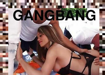 Adorable blond transsexual Sofia Obregon gets Gangbanged hard