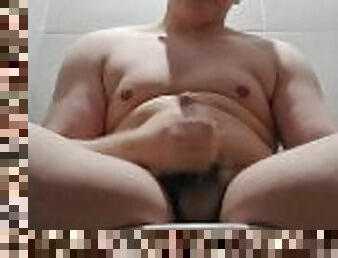 Fat boy cums in public bathroom