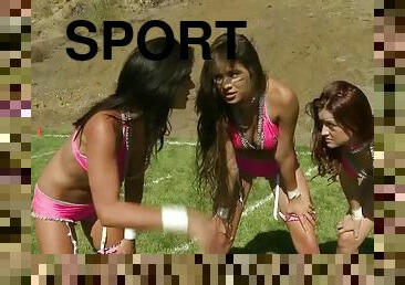 Three football playing girls have sex