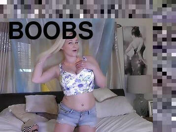 Blonde teen with huge boobs performing on her webcam
