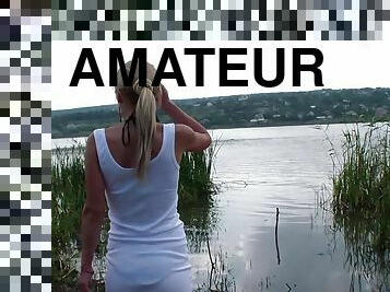Sexy amateur tries a big chunk of dick down by the river