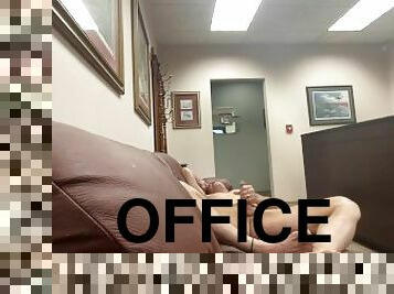 Stuck at work - ice storm, so jacked off in reception office by front door. See my feet when I cum.