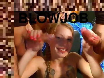 Dirty bukkake whore showered with hot cum