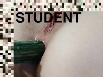 19 year old student's first anal experience. I put myself a cucumber and a toothbrush
