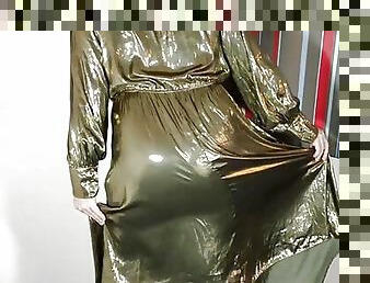 hot tv crossdresser in super silky gold shiny dress