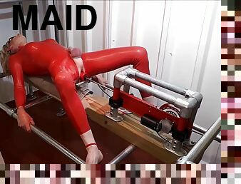 Rachelsexymaid 34 dungeon fuckmachine in red latex catsuit