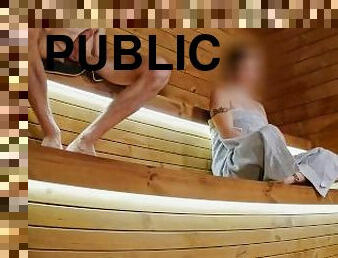 SAUNA ADVENTURE PT1: I show my hard cock to three people in the sauna