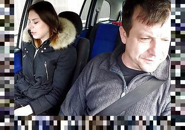 Fat driving instructor drills his student in car