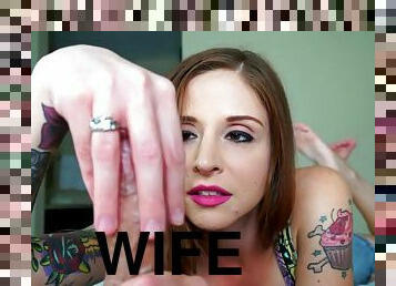 Inked hot wife jerks off gigantic dick