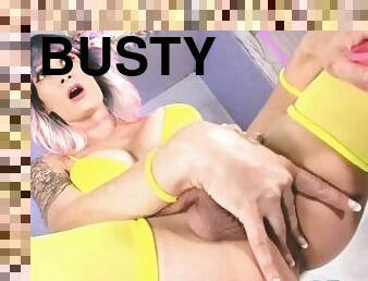 Busty Tranny Strokes Her Dick Closeup