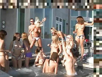 Bikini party girls get laid in a group scene