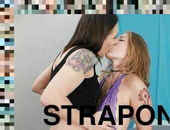 Electra Rayne and Sinn Sage fucking with a strapon dildo