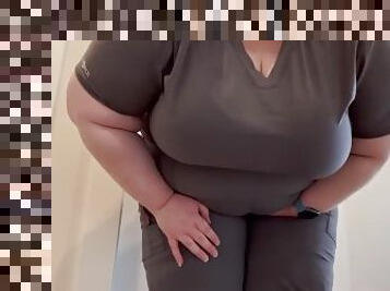BBW can't hold pee at locked bathroom, desperately pees her scrubs