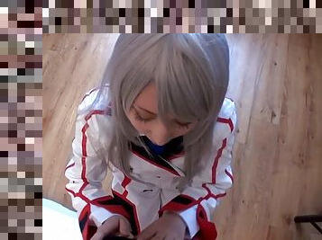 Japanese cosplay babe sucking dick pov