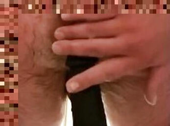 Hairy bottom Riding dildo in shower