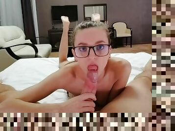 Cute nerdy girl sucks all cum from huge cock