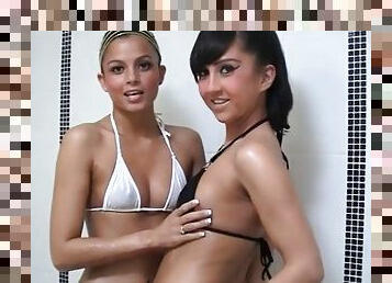 Hot brunettes lick and finger each other in the shower