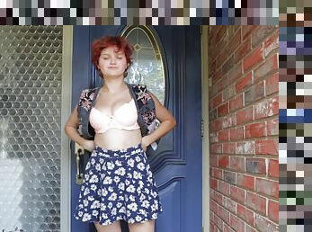 Redhead gets naked to take some pictures just outside the house