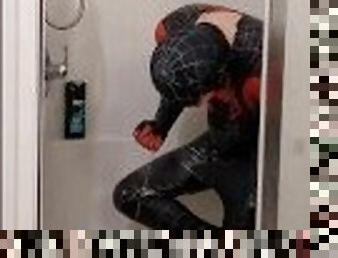 Spiderman showering