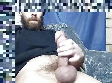 Guy with big balls and cock ring cums on shirt