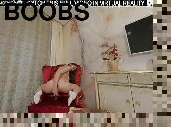 Solo horny Kecy Hill on an armchair,spreads her legs and sticks a sex toy in her wet pussy in VR.