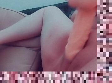 Girl using HUGE pink dildo til she squirts