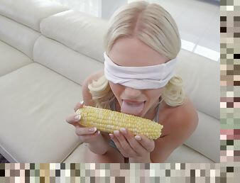 Blind folded blonde takes the big tool in both her juicy holes