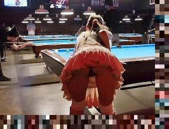 Skirt was too short for no panties at the pool hall...couldn't hide my pussy!