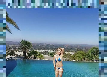 Horny bimbo in high heels fucks by the pool